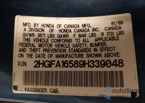 2009 Honda Civic Lx из США, поврежденный, VIN 2HGFA16589H339048